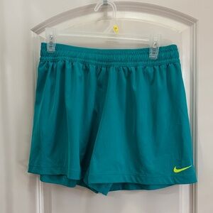 Nike Women's Teal Athletic Shorts with Lime Swoosh